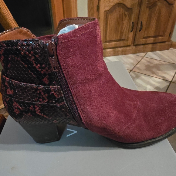 Vionic Plum Suede Ankle Boots with Snakeskin Accent - Picture 2 of 4